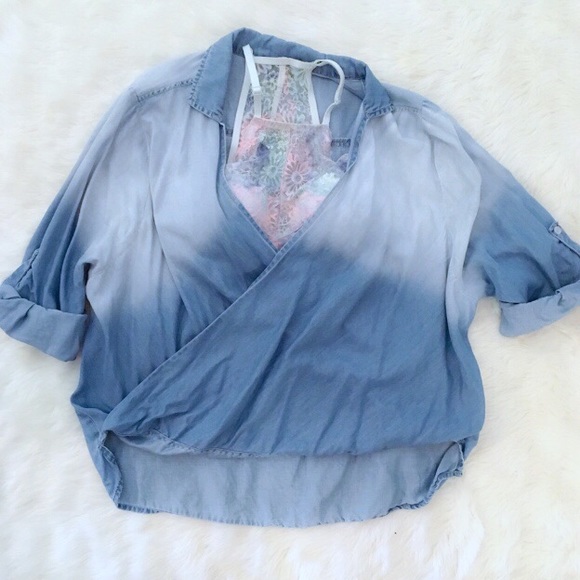 AKIRA Open Front Oversized Denim Collared Top - Picture 2 of 6
